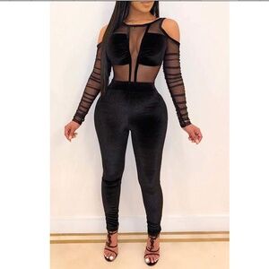 Gorgeous Sexy Long Sleeve See-through Mesh and Velvet Black One-piece Jumpsuit